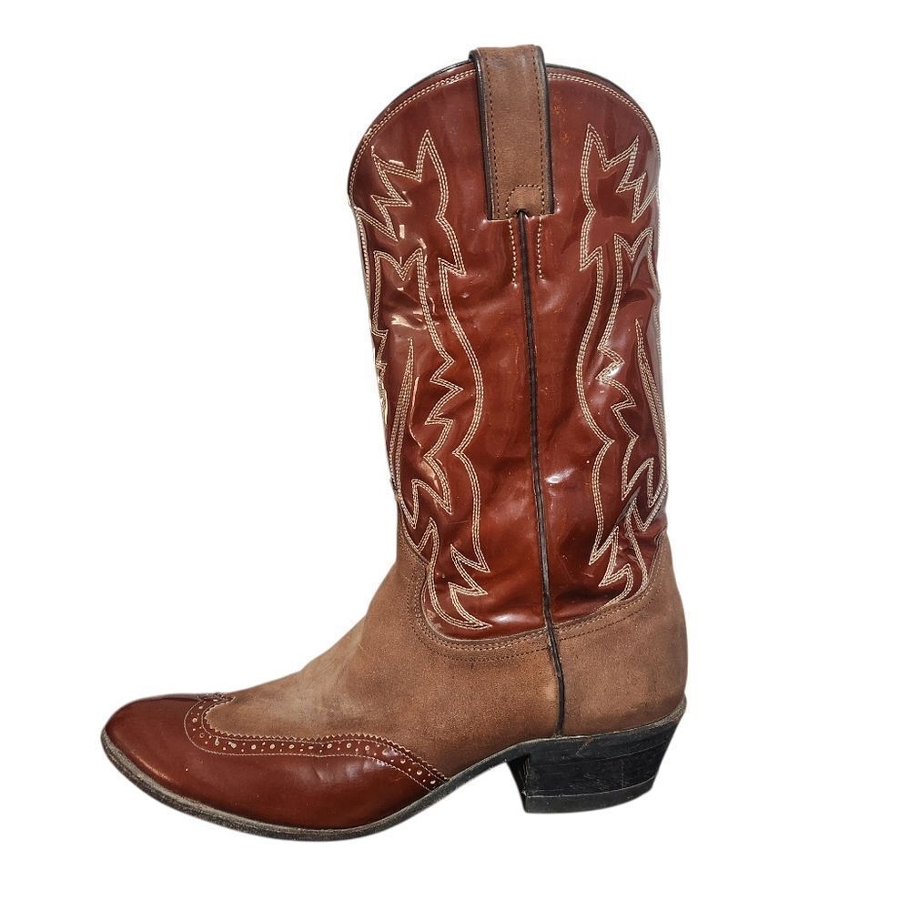 Vintage Justin Western Boots Womens Size 7 B Two Tone Leather Wingtip Brown